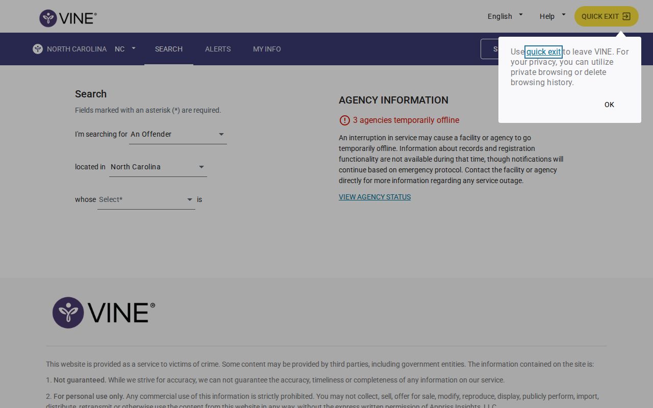 VINELink North Carolina person search form used for a Yancey County custody check