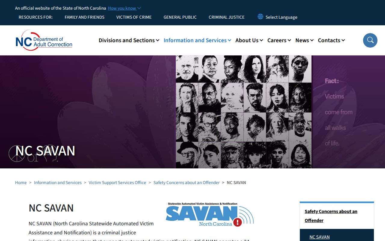 North Carolina DAC NC SAVAN custody notification overview for Yancey County searches
